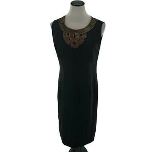 Ellen Tracy Dress Womens 8 Shift Black Sleeveless Back Zip Embellished Neckline